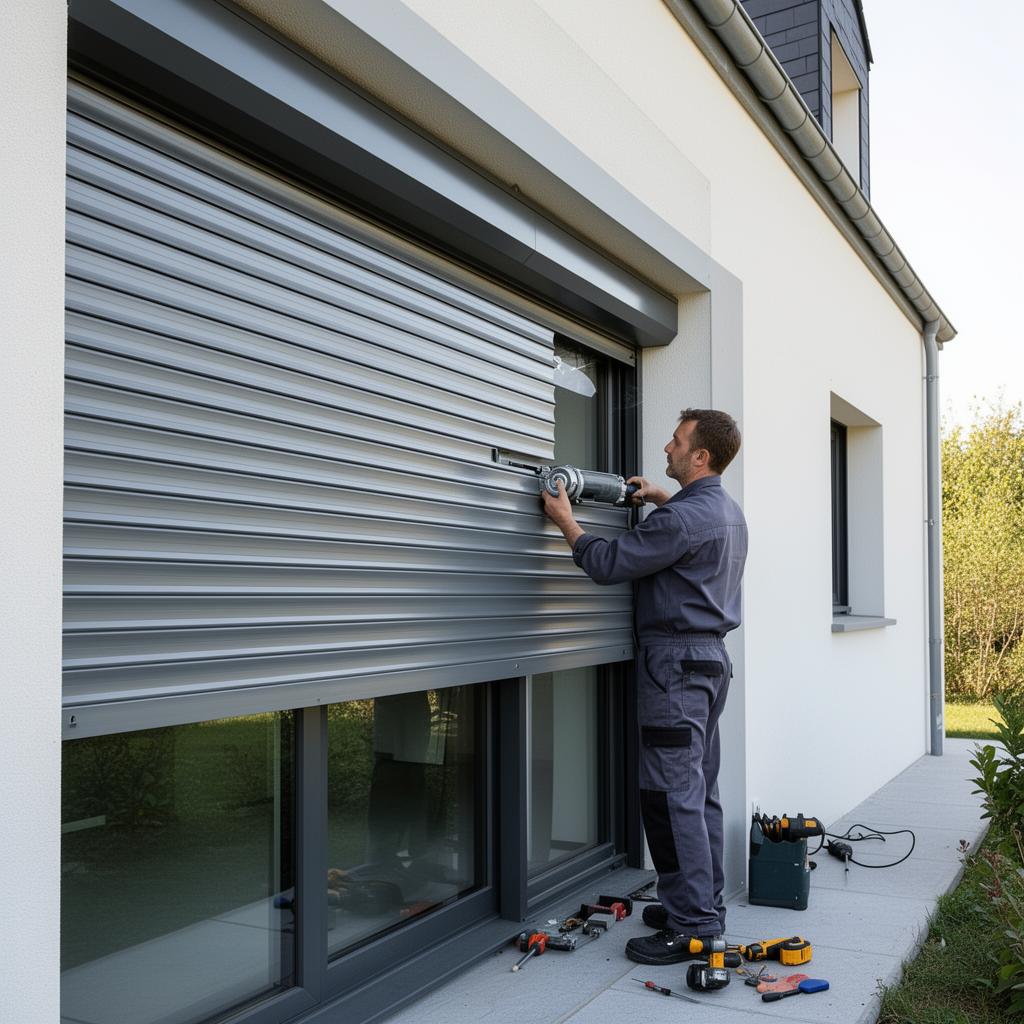 Technicien Alain Père Fils Paris réparant un volet roulant aluminium